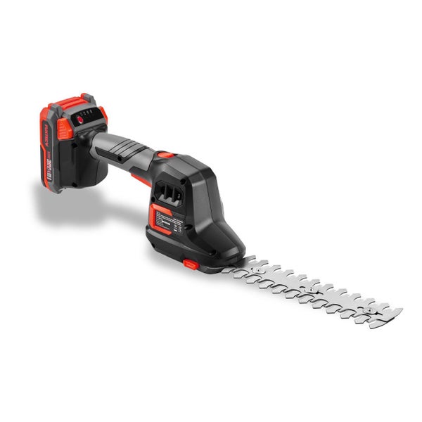 Fuxtec Akku Gras- und Strauchschere mit 20 Volt Akku und langem Messeraufsatz.
