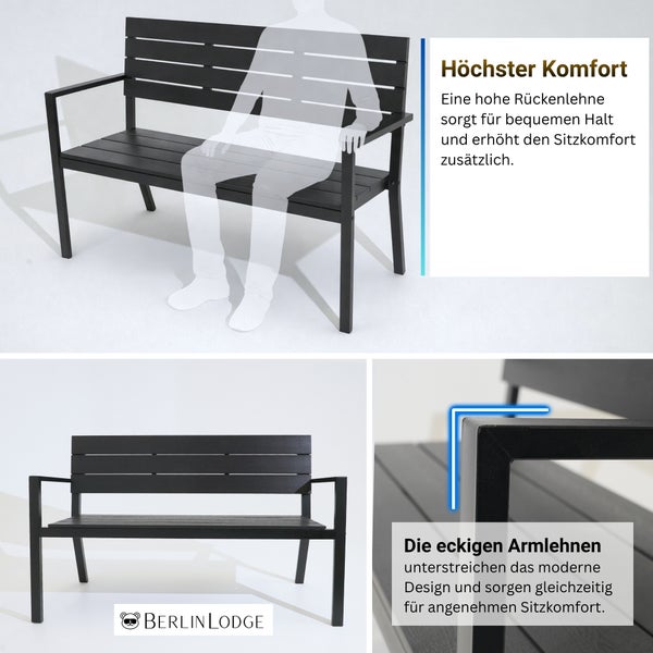 Moderne Gartenbank mit hoher Rückenlehne für bequemen Halt und eckigen Armlehnen. Berlin Lodge Logo.