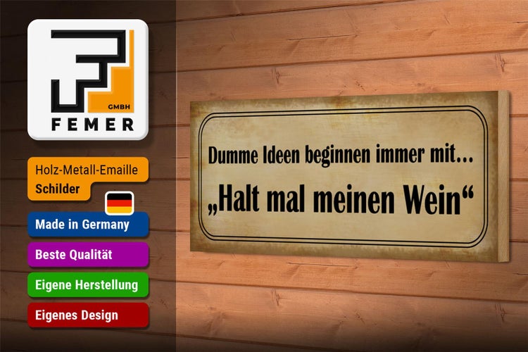 Holzschild Spruch 27x10cm Dumme Ideen mit halt meinen Wein