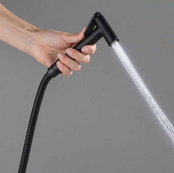 Hand hält eine Duschbrause mit Wasseraustritt