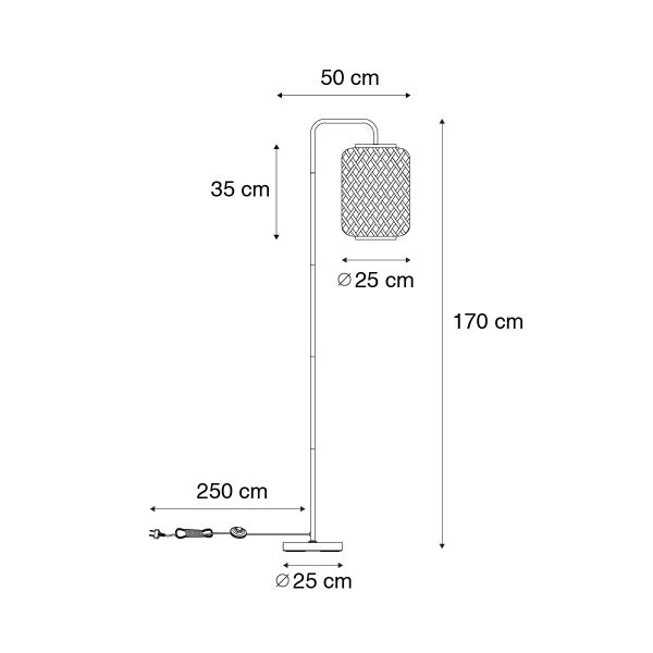 Technische Zeichnung einer Stehlampe mit den Massangaben: Höhe 170 cm, Ausladung 50 cm, Lampenschirm Höhe 35 cm, Durchmesser Lampenschirm und Fuss je 25 cm, Kabellänge 250 cm