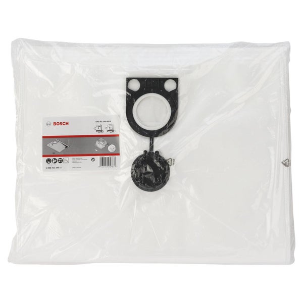 Bosch Staubsaugerbeutel für GAS 50 und GAS 50 M, fünf Stück in transparenter Kunststoffverpackung.