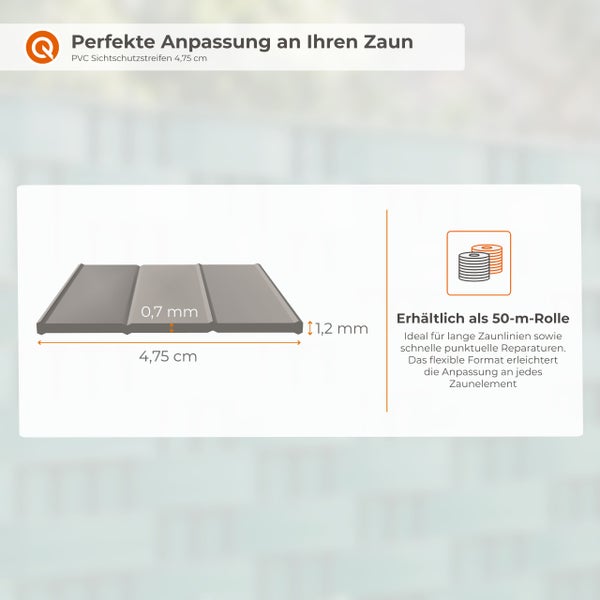 PVC Sichtschutzstreifen für Zäune mit einer Breite von 4,75 Zentimetern, Stärken von 0,7 und 1,2 Millimetern, erhältlich als 50 Meter Rolle.