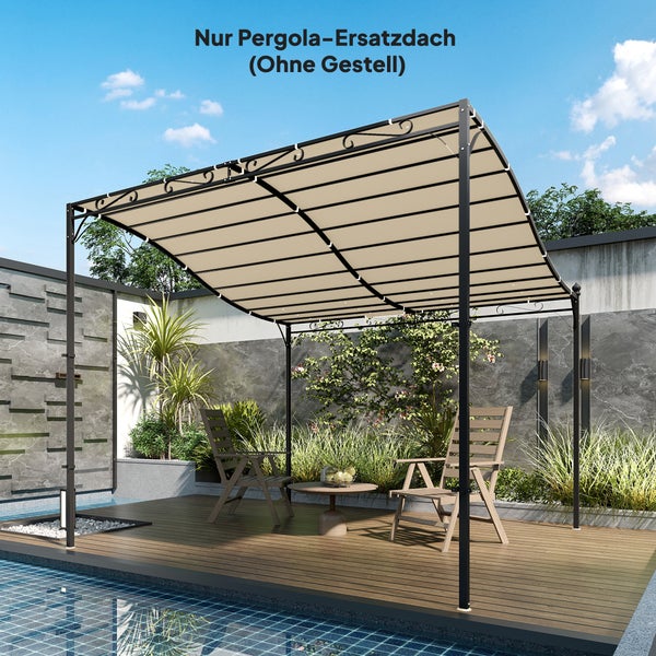 Pergola-Ersatzdach auf einer Terrasse mit Holzdeck am Pool, zwei Stühlen und einem kleinen Tisch.