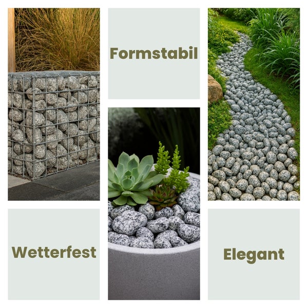 Collage mit Gabionenwand, Gartenweg mit Kieseln und bepflanzter Steinschale