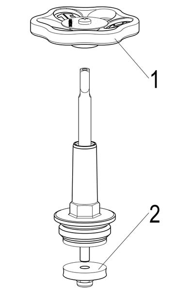 Explosionszeichnung eines Ventiloberteils mit Handrad und Dichtung.
