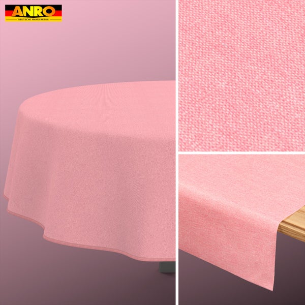 ANRO Logo. Gewebte Tischdecke in Rosa auf einem Tisch mit Detailansicht der Stoffstruktur.