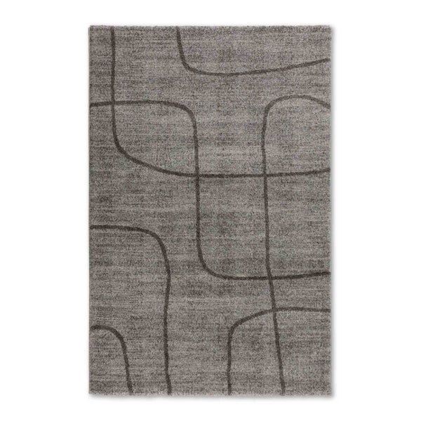 Rechteckiger grauer Teppich mit abstraktem dunklem Linienmuster.