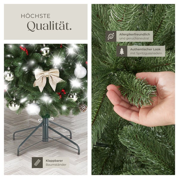 Künstlicher Weihnachtsbaum mit Spritzgussnadeln, allergikerfreundlich, geruchsneutral und mit klappbarem Baumständer.