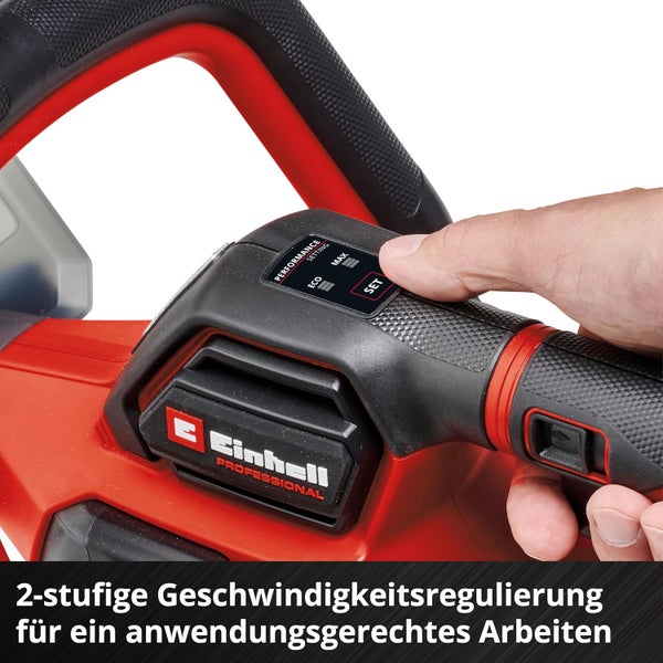 Einhell Professional Gerät mit Hand am Griff beim Einstellen der zweistufigen Geschwindigkeitsregulierung für ECO- und MAX-Modus.