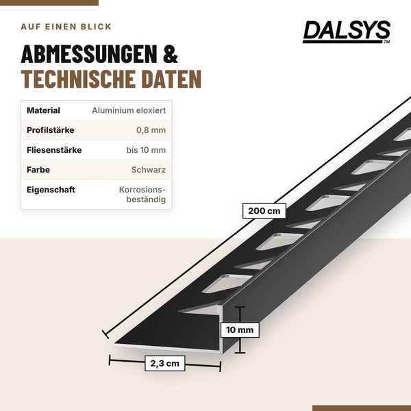 Dalsys Logo und technische Daten eines eloxierten Aluminium Fliesenschienenprofils mit Abmessungen von 200 Zentimetern Länge und 10 Millimetern Höhe.