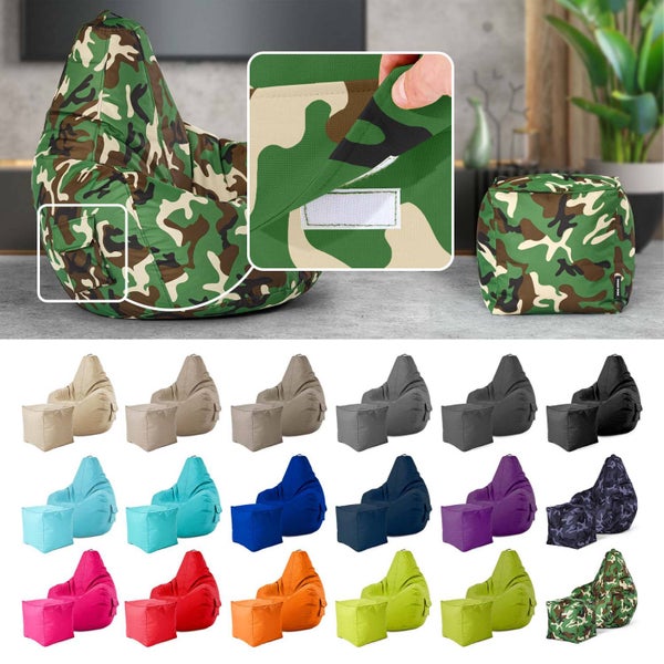 Green Bean 2er Set Sitzsack + Hocker - fertig befüllt - robust waschbar schmutzabweisend - Kinder & Erwachsene Bean Bag Bodenkissen Sitzhocker Relax-Sessel Gamer Gamingstuhl Pouf - Camouflage Grün