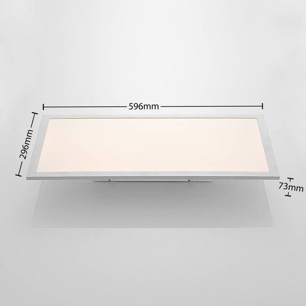 Rechteckiges LED-Panel mit den Maßen 596 Millimeter Länge, 296 Millimeter Breite und 73 Millimeter Tiefe.