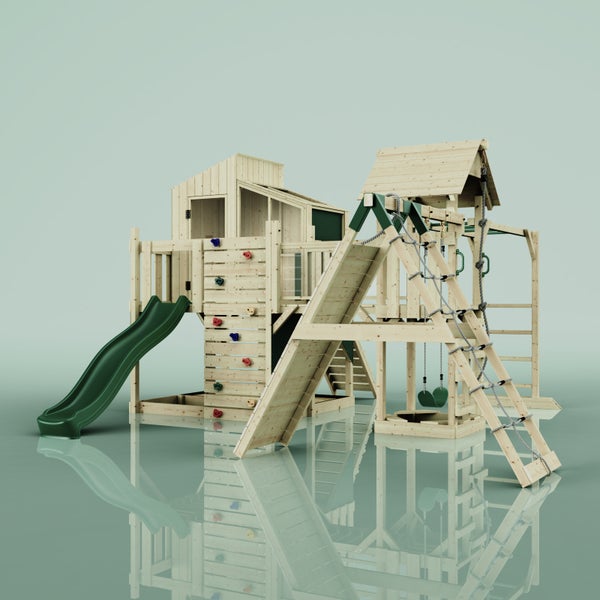 Holzspielplatz mit Rutsche, Kletterwand und Schaukel