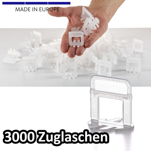 BigDean 3000 Laschen 1,5mm - Fliesen Nivelliersystem - Frei wählbar - Riesen Auswahl an Fliesenkeilen & Zuglaschen - Verlegehilfe Fliesenleger Set - Made in Europe