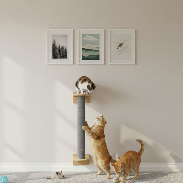 Wandkratzbaum mit Sisalsäule für Katzen in einem modern eingerichteten Wohnraum mit drei Wandbildern