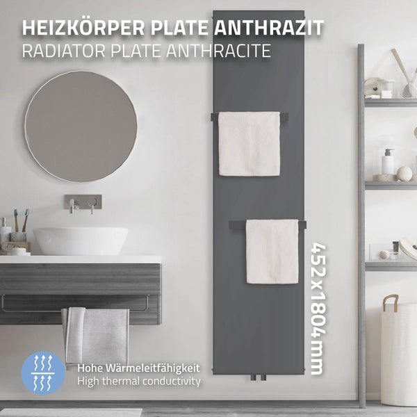 LuxeBath Badheizkörper 1800x452 mm Anthrazit + 2x Handtuchhalter, Flach Einlagig Design Heizkörper Mittelanschluss Vertikal Planheizkörper Vertikalheizkörper Paneelheizkörper Flachheizkörper Heizwand