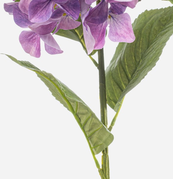 Künstliche Hortensie mit violetten Blüten, grünem Stiel und Blättern