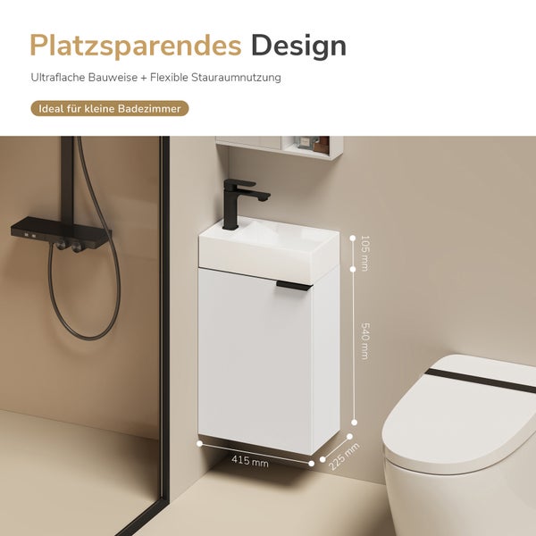 Platzsparender Waschtisch mit Unterschrank in einem kompakten Badezimmer mit Maßangaben.