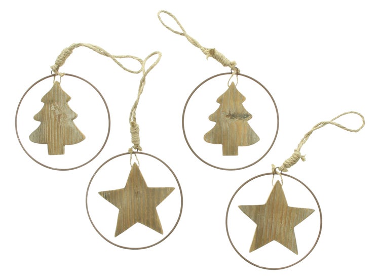 Vier Weihnachtsanhänger mit Baum- und Sternmotiven in runden Rahmen mit Kordelaufhängung