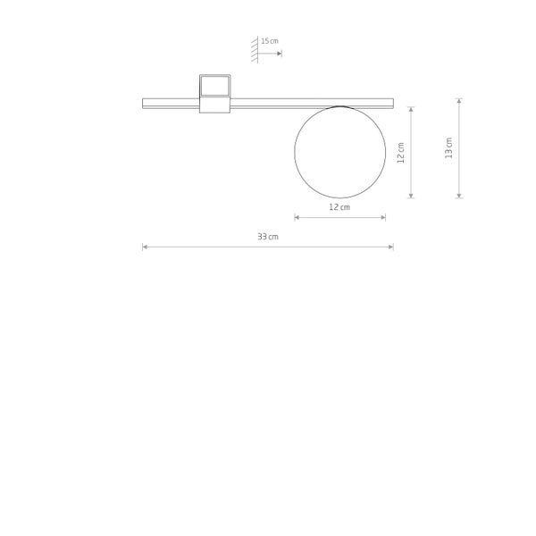 Technische Zeichnung einer Wandleuchte mit den Maßen 33 cm Länge, 13 cm Höhe und 15 cm Tiefe.