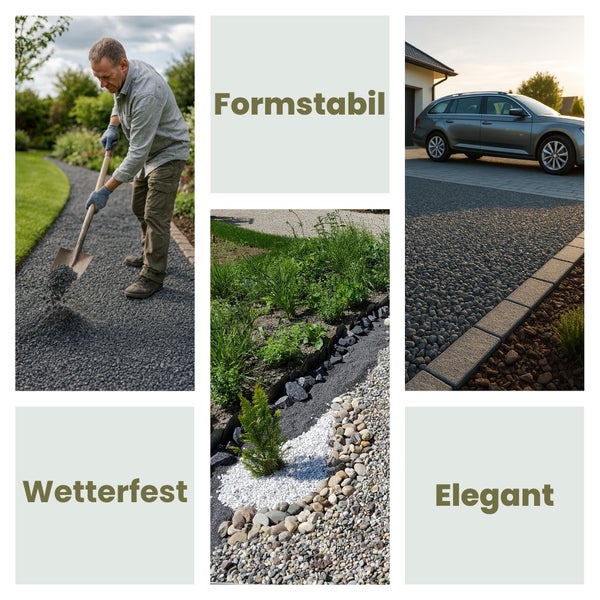 Collage mit Bildern von Kieswegen und Gartenbereichen sowie den Texten Formstabil, Wetterfest und Elegant