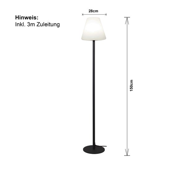 Stehlampe mit den Maßen 150 cm Höhe und 28 cm Lampenschirmbreite