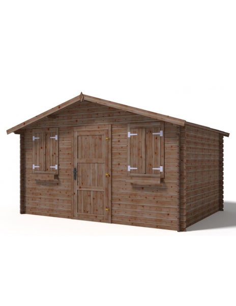Gartenhaus aus Holz mit Satteldach und zwei Fenstern mit Fensterläden auf einer Holzterrasse im Garten.