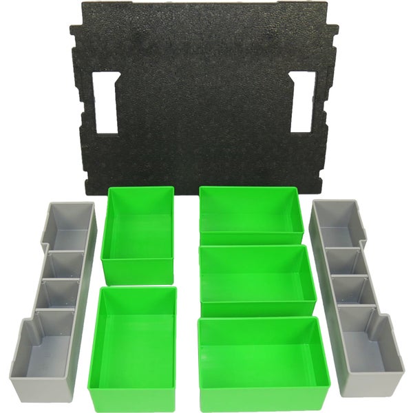 Werkzeugkoffer-Organizer-Set mit schwarzer Schaumstoffeinlage, fünf grünen Kunststoffboxen und zwei grauen Fachteiler-Boxen für Kleinteile.