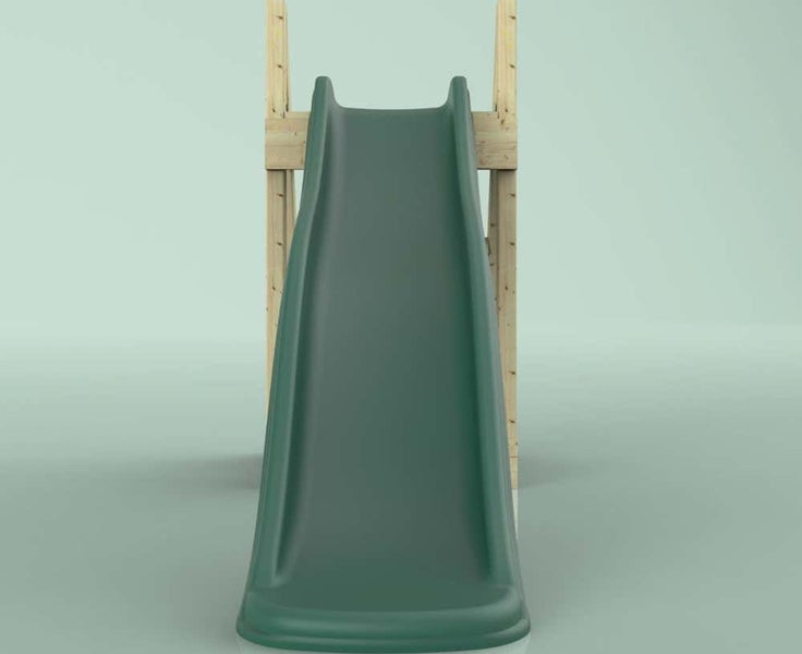 Grüne Anbaurutsche aus Kunststoff an einem Holzgestell.