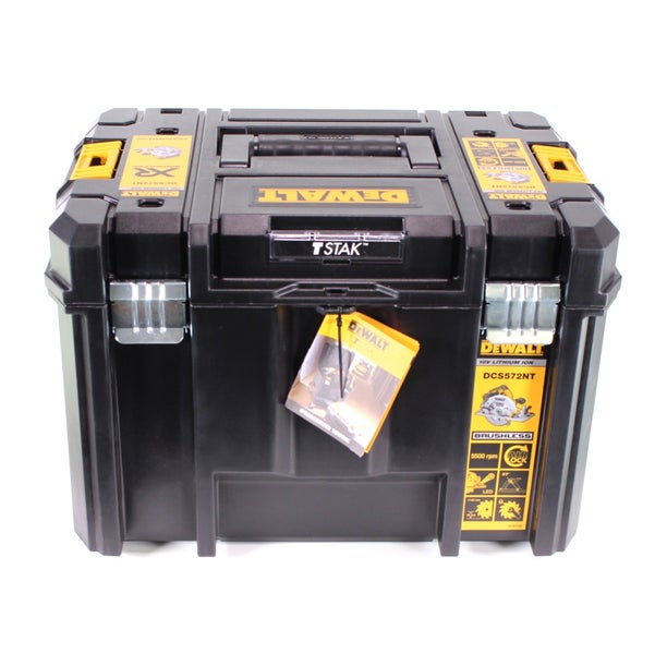 DeWalt Werkzeugbox TSTAK für Handkreissäge DCS572NT mit Tragegriff und robusten Metallverschlüssen.