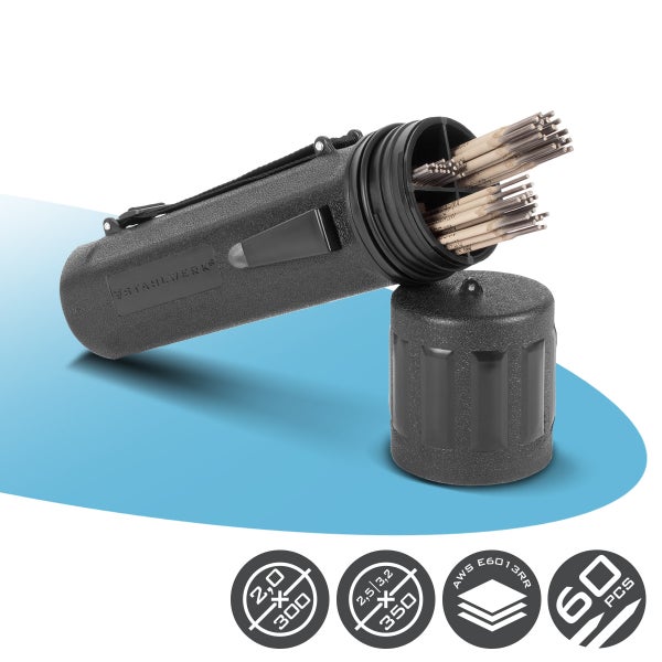 Elektroden im Behälter mit 2,0 x 300 und 2,5 / 3,2 x 350 Millimeter Größe, AWS E6013RR und 60 Stück