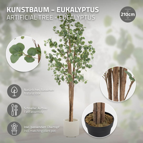 Künstlicher Eukalyptusbaum, 210 cm hoch, mit passendem Übertopf