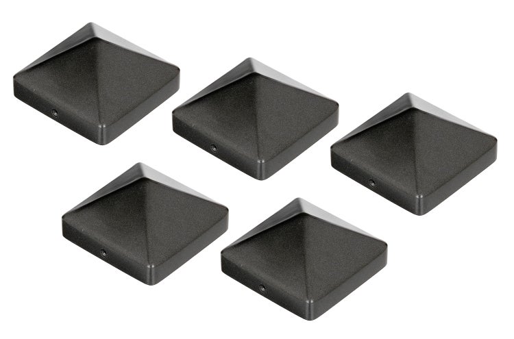 Set aus fuenf quadratischen Pfostenkappen fuer Zaunpfosten aus Metall zur Montage an Pfostenkoepfen.