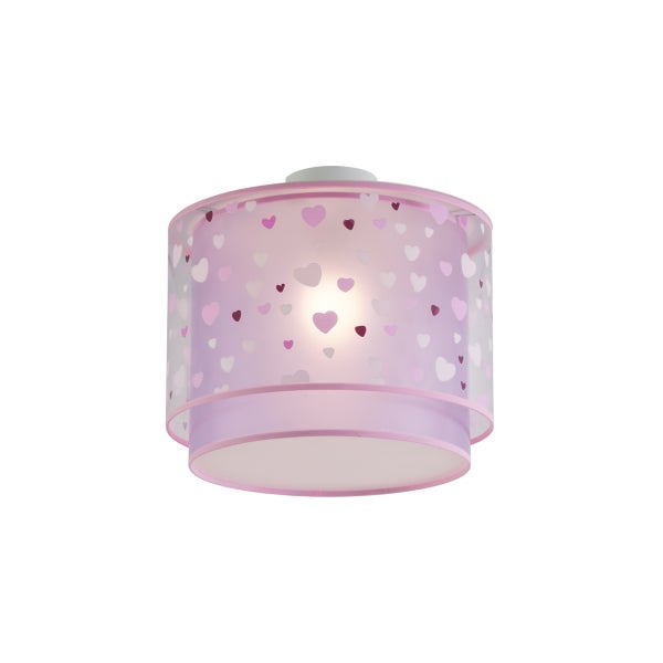 Rosa Kinderzimmer-Deckenleuchte mit zweilagigem Textilschirm und Herzmotiven.