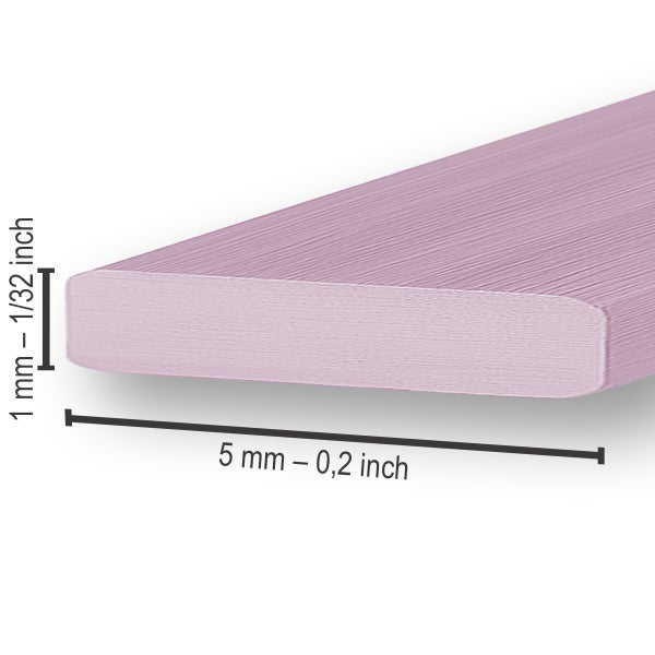 Flaches, lila Kunststoffband mit einer Breite von 5 Millimetern und einer Dicke von 1 Millimeter.