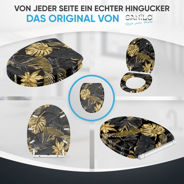 Sanilo Toilettensitz mit exotischem Blattmotiv und Absenkautomatik in verschiedenen Ansichten.