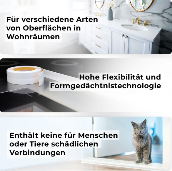 Flexibles Dichtungsband für diverse Oberflächen, ungiftig für Mensch und Tier, hohe Flexibilität und Formgedächtnistechnologie.