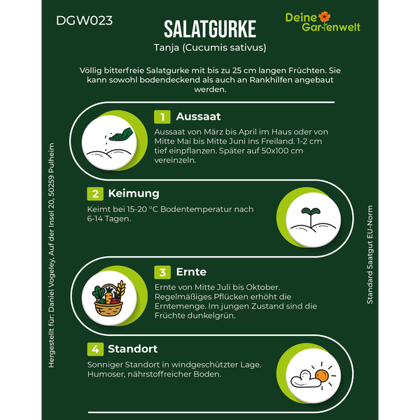 Infografik zur Anzucht der Salatgurke Tanja mit Hinweisen zu Aussaat, Keimung, Ernte und Standort.