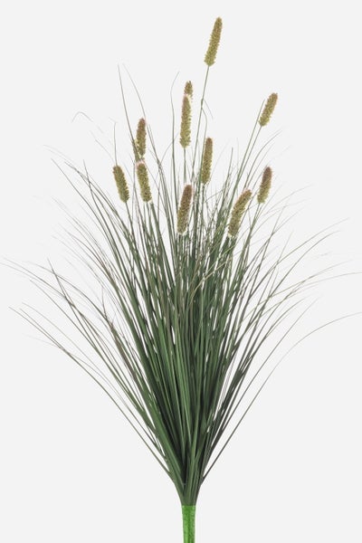 Künstliches Ziergras mit langen grünen Halmen und braunen Ähren.