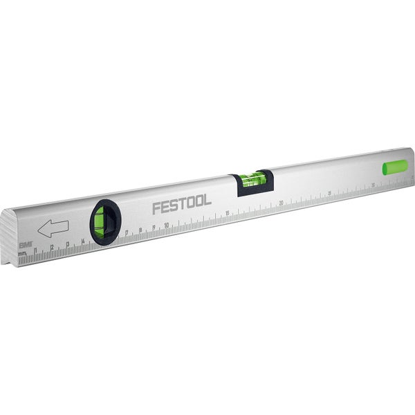 Festool Wasserwaage aus Aluminium mit Libellen, Millimeter Skala, Festool Logo und BMI Logo.