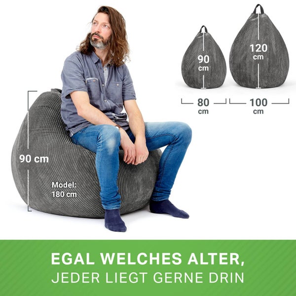 Green Bean Indoor Sitzsack 90x110cm EPS-Perlen Füllung & Cordstoff Kuschelig Weich Waschbar - Drinnen Bodenkissen Liegekissen Sitzkissen Sitzhocker Relax-Sessel Kinder Erwachsene Stoff Anthrazit