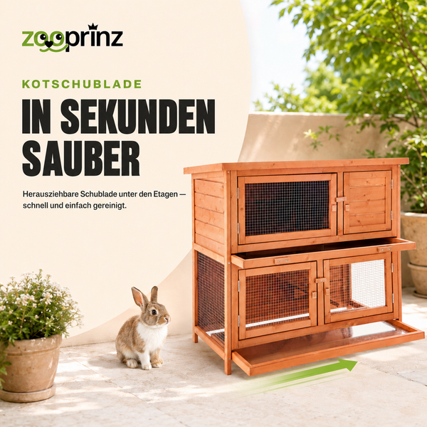 zooprinz Logo, Kleintierstall aus Holz mit zwei Etagen und herausziehbarer Reinigungsschublade, im Außenbereich mit Kaninchen.