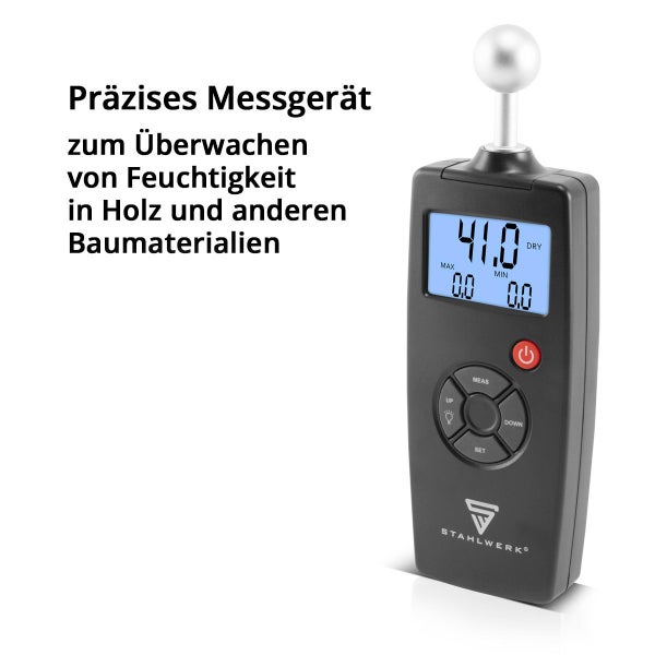 Digitales Feuchtigkeitsmessgerät von Stahlwerk für Holz und Baumaterialien mit digitaler Anzeige und Kugelsensor.