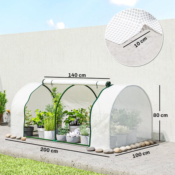 Folientunnel für Pflanzen mit Maßen von 200 Zentimeter Länge, 100 Zentimeter Breite und 80 Zentimeter Höhe inklusive Gewebedetail.