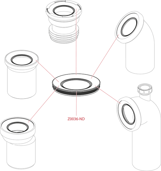 Technische Zeichnung der Siphondichtung Z0036-ND mit Anwendungsbeispielen für Toilettenanschlussstutzen und Ablaufrohre.