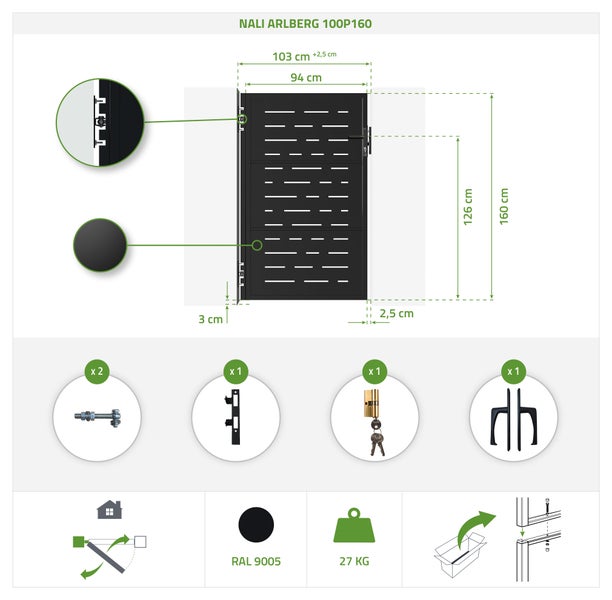 Abmessungen und Zubehör für Gartentür