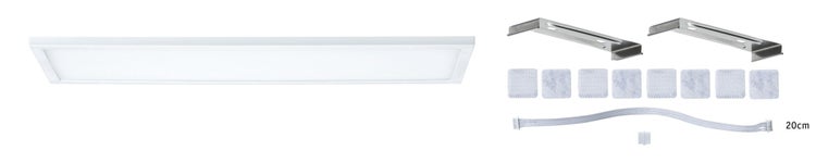 Rechteckige LED Deckenleuchte mit Montagehalterungen, Klebepads und Verbindungskabel mit 20 Zentimeter Länge.