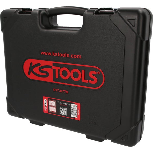 Schwarzer KS Tools Werkzeugkoffer Evolution Series aus robustem Kunststoff mit Tragegriff und Metallverschlüssen.