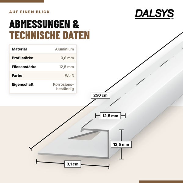 Technische Zeichnung mit Maßangaben einer Dalsys Fliesenabschlussschiene aus Aluminium mit 12,5 Millimeter Fliesenstärke und 250 Zentimeter Länge